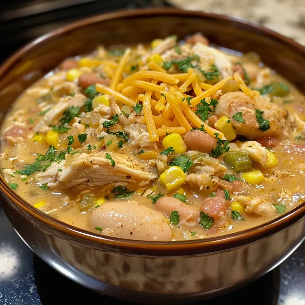 ['Close-up view of a bowl of Easy Cajun White Chicken Chili with visible chunks of chicken and sausage.', 'Side shot of a creamy chili dish featuring red beans, corn, and green chilies in a bowl.', 'Juicy Easy Cajun White Chicken Chili displayed in a rustic bowl, highlighting the melted cheese on top.', 'Appetizing photo of a hearty chili, showcasing the vibrant colors of the ingredients.']