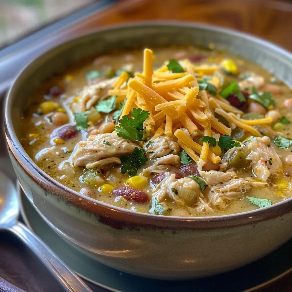 Close-up view of a bowl of Easy Cajun White Chicken Chili with visible chunks of chicken and sausage.