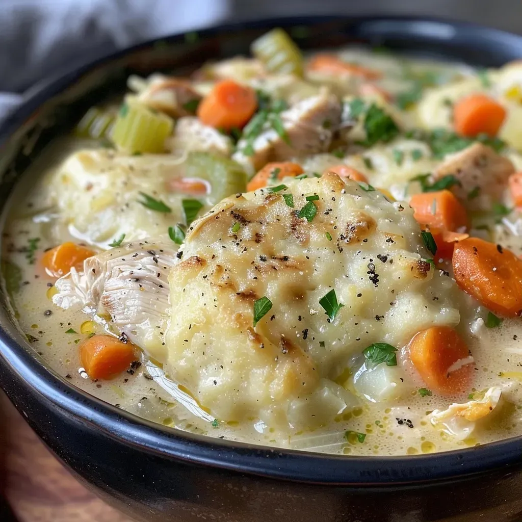 ['Close-up view of creamy chicken and dumplings in a bowl, showcasing tender chicken and fluffy dumplings.', 'Side view of a hearty chicken and dumplings dish, highlighting the rich broth and colorful vegetables.', 'Delicious chicken and dumplings displayed in a rustic bowl, featuring juicy chicken pieces surrounded by fluffy dumplings.', 'Inviting close-up of chicken and dumplings, with a focus on the savory broth and fresh ingredients.']