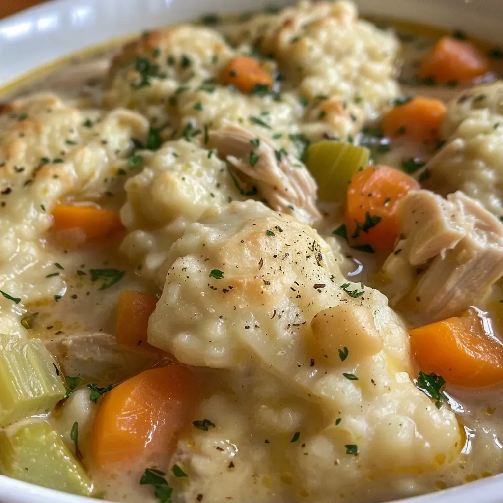 ['Close-up view of creamy chicken and dumplings in a bowl, showcasing tender chicken and fluffy dumplings.', 'Side view of a hearty chicken and dumplings dish, highlighting the rich broth and colorful vegetables.', 'Delicious chicken and dumplings displayed in a rustic bowl, featuring juicy chicken pieces surrounded by fluffy dumplings.', 'Inviting close-up of chicken and dumplings, with a focus on the savory broth and fresh ingredients.']