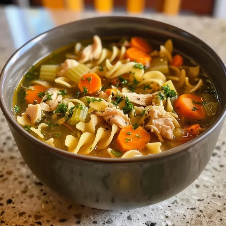 ['Close-up view of a bowl of chicken noodle soup with visible chunks of chicken, noodles, and vegetables.', 'Side view of a steaming bowl of Easy Chicken Noodle Soup, showcasing colorful ingredients and garnishes.', 'Juicy chicken noodle soup in a bowl, featuring egg noodles, diced carrots, and herbs.', 'Detailed image of a hearty chicken noodle soup with vibrant colors and textures of fresh ingredients.']