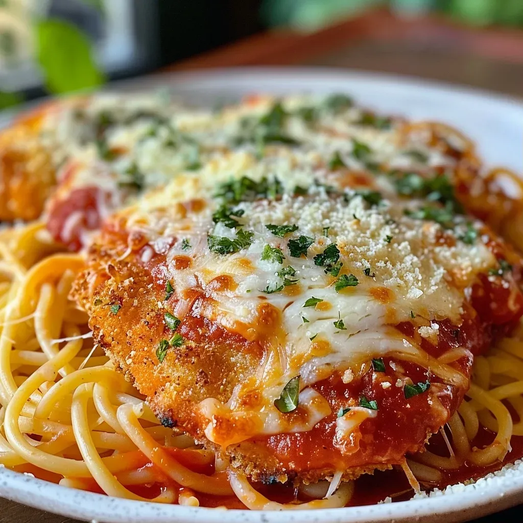 ['Juicy chicken parmesan topped with melted mozzarella and parmesan cheese, served on a plate.', 'Close-up of Easy Chicken Parmesan, showcasing golden-brown chicken breasts with rich tomato sauce.', 'Side view of a plate featuring Easy Chicken Parmesan with spaghetti and garnishes.', 'Delicious chicken parmesan alongside a serving of spaghetti, highlighting the cheese and sauce.']