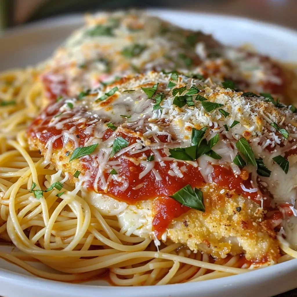 ['Juicy chicken parmesan topped with melted mozzarella and parmesan cheese, served on a plate.', 'Close-up of Easy Chicken Parmesan, showcasing golden-brown chicken breasts with rich tomato sauce.', 'Side view of a plate featuring Easy Chicken Parmesan with spaghetti and garnishes.', 'Delicious chicken parmesan alongside a serving of spaghetti, highlighting the cheese and sauce.']