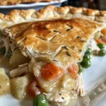 ['Close-up of a golden-brown Easy Chicken Pot Pie with flaky crust.', 'Side view of a delicious chicken pot pie, showcasing its filling and pie crust.', 'Juicy Easy Chicken Pot Pie, cut to reveal a hearty filling of chicken and vegetables.', 'Appetizing close-up of a homemade chicken pot pie with steam rising from the filling.']