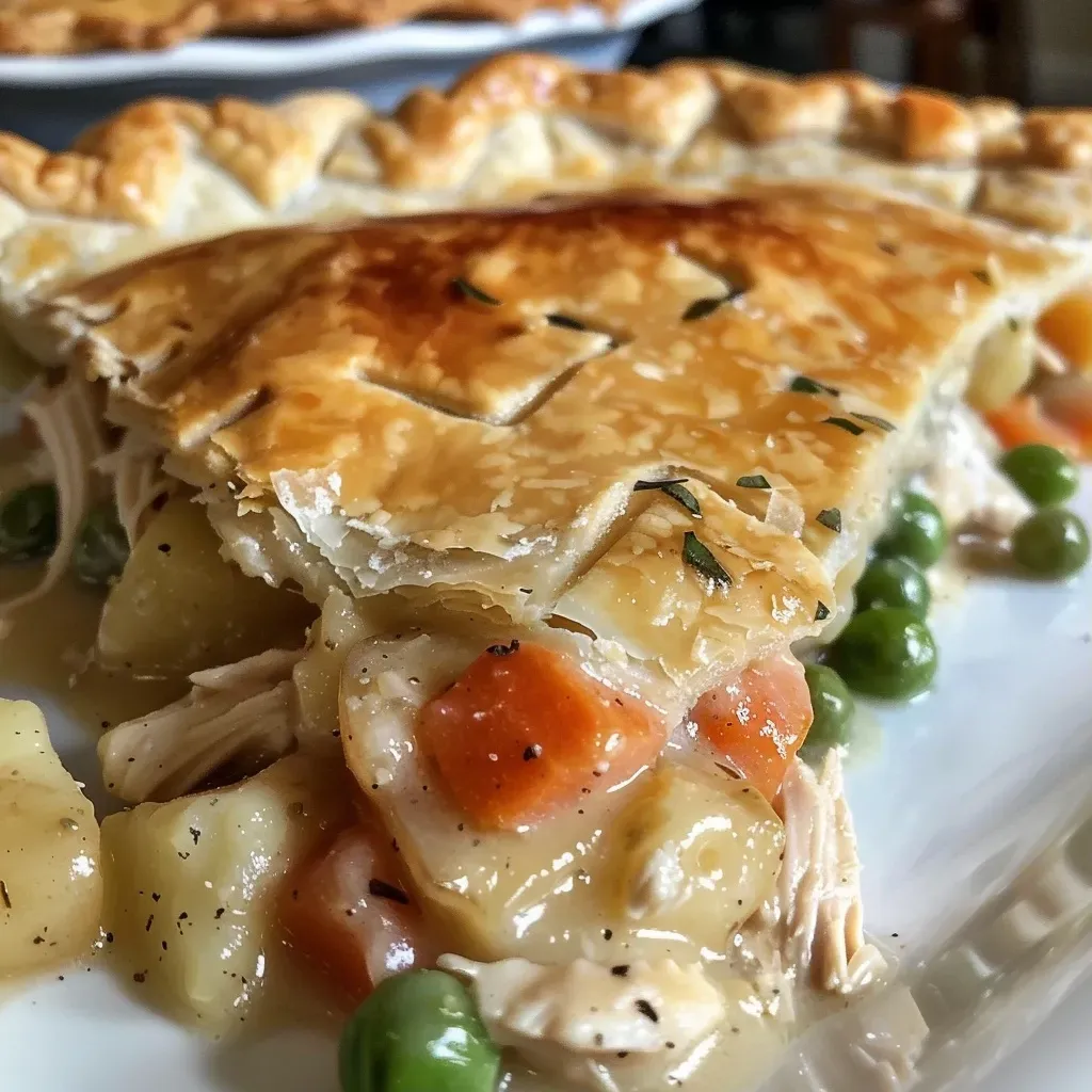 ['Close-up of a golden-brown Easy Chicken Pot Pie with flaky crust.', 'Side view of a delicious chicken pot pie, showcasing its filling and pie crust.', 'Juicy Easy Chicken Pot Pie, cut to reveal a hearty filling of chicken and vegetables.', 'Appetizing close-up of a homemade chicken pot pie with steam rising from the filling.']