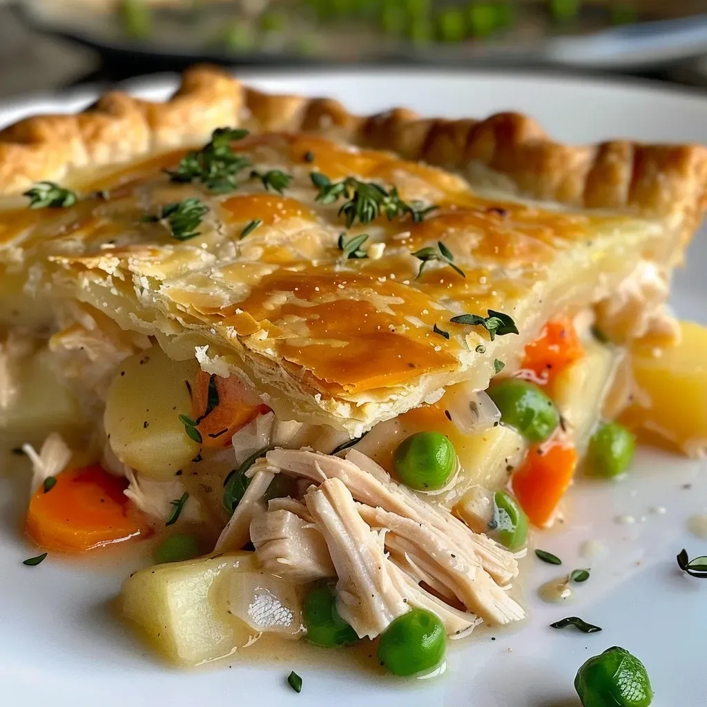 Close-up of a golden-brown Easy Chicken Pot Pie with flaky crust.
