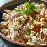 ['Close-up of a creamy chicken salad featuring canned chicken, garnished with herbs and cranberries.', 'A side view of a delicious chicken salad made with canned chicken, colorful vegetables, and nuts.', 'Juicy chicken salad in a bowl, showcasing vibrant red onions, green celery, and a dollop of mayo.', 'A fresh and inviting chicken salad displayed in a bowl, highlighting ingredients like cranberries and walnuts.']