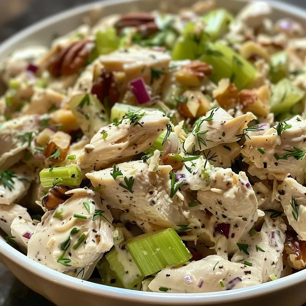 ['Close-up of a creamy chicken salad featuring canned chicken, garnished with herbs and cranberries.', 'A side view of a delicious chicken salad made with canned chicken, colorful vegetables, and nuts.', 'Juicy chicken salad in a bowl, showcasing vibrant red onions, green celery, and a dollop of mayo.', 'A fresh and inviting chicken salad displayed in a bowl, highlighting ingredients like cranberries and walnuts.']