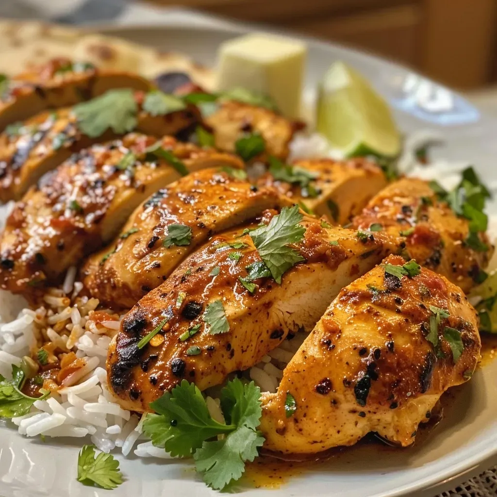 ['Close-up view of juicy chili lime chicken garnished with fresh herbs.', 'Side view of easy chili lime chicken with vibrant spices and herbs.', 'Delicious chicken dish featuring a glistening glaze and colorful garnishes.', 'Appetizing presentation of chicken with chili lime marinade beside rice and naan.']