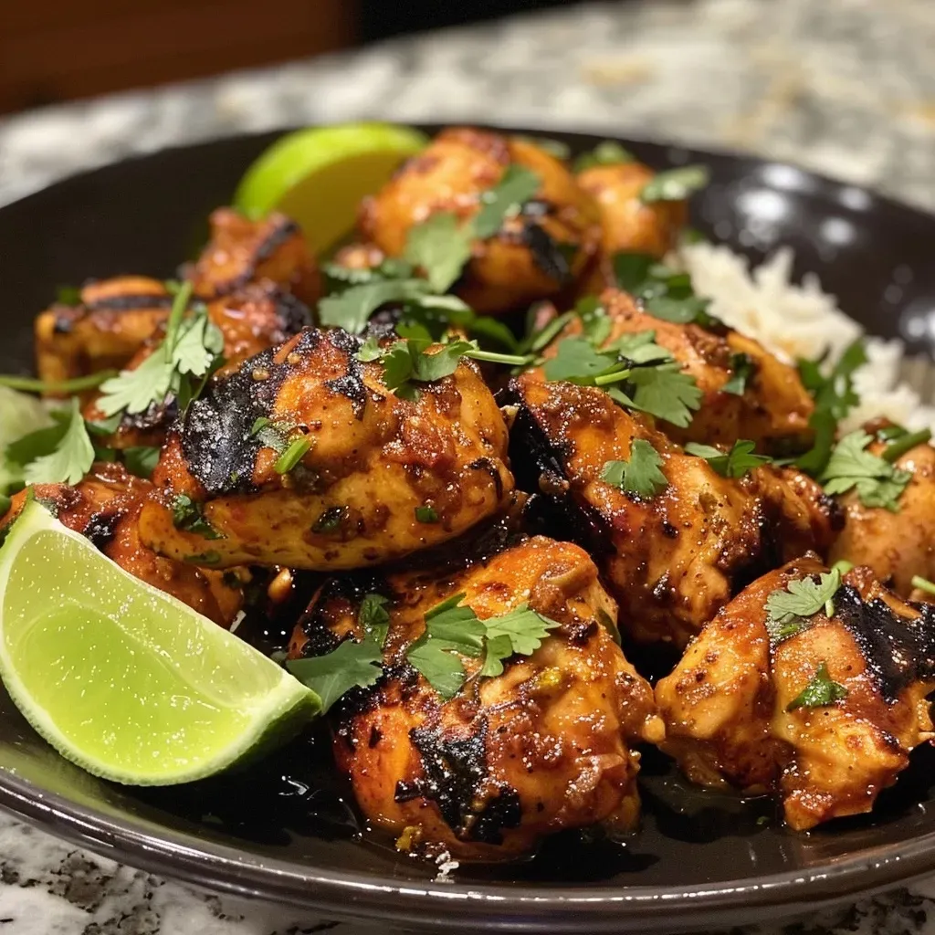 Close-up view of juicy chili lime chicken garnished with fresh herbs.