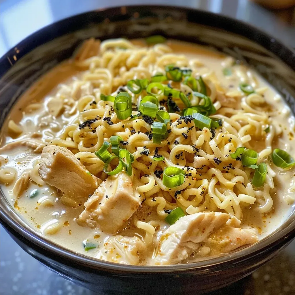 ['Close-up of creamy chicken ramen with tender noodles and garnished with everything bagel seasoning.', 'Side view of a bowl of Easy Creamy Chicken Ramen showcasing rich broth and cooked chicken pieces.', 'Detailed shot of creamy ramen with a blend of garlic and chicken, presented in a white bowl.', 'Juicy, flavorful chicken ramen with a smooth creamy texture and visible garlic flavor.']