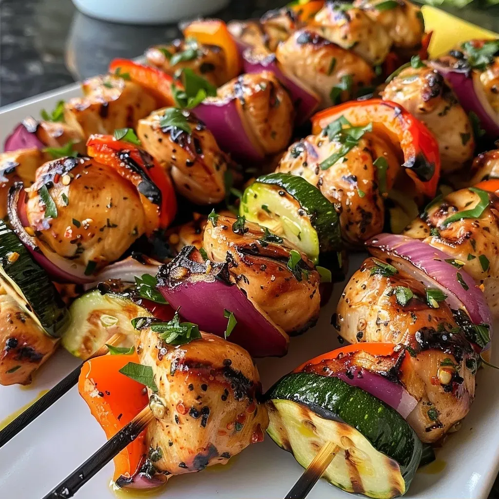 ['Close-up view of juicy grilled chicken kabobs with colorful vegetables.', 'Side view of succulent chicken skewers interspersed with bell peppers and onion.', 'Freshly grilled chicken kabobs featuring vibrant zucchini and onion in a detailed shot.', 'Appetizing close-up of marinated chicken and veggies on skewers ready to eat.']