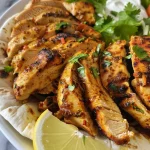 ['Close-up view of juicy oven-baked chicken shawarma with spices.', 'Side view of tender chicken shawarma served with fresh vegetables.', 'Delicious oven-baked chicken shawarma garnished with sauce and pita.', 'Appetizing chicken shawarma featuring vibrant toppings and spices.']