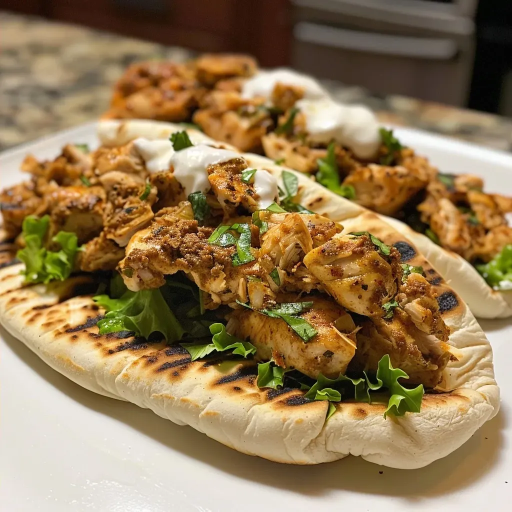 Close-up view of juicy oven-baked chicken shawarma with spices.
