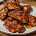 ['Close-up view of juicy BBQ glazed chicken pieces on a baking dish.', 'Side view of a baked chicken dish, glistening with smoky BBQ glaze.', 'Juicy chicken thighs and breasts coated in a glossy BBQ sauce.', 'Smoky BBQ chicken bake, showcasing tender pieces with a rich glaze.']