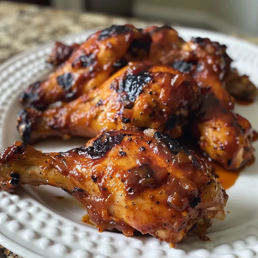 ['Close-up view of juicy BBQ glazed chicken pieces on a baking dish.', 'Side view of a baked chicken dish, glistening with smoky BBQ glaze.', 'Juicy chicken thighs and breasts coated in a glossy BBQ sauce.', 'Smoky BBQ chicken bake, showcasing tender pieces with a rich glaze.']