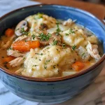 ['Close-up view of hearty chicken and dumplings in a bowl, showcasing tender chicken and fluffy dumplings.', 'Side view of a steaming bowl of chicken and dumplings, with visible vegetables and herbs.', 'Juicy chicken and dumplings dish, highlighting the texture of the dumplings and the broth.', 'Close-up image of a comforting chicken and dumplings meal, featuring chopped carrots and mushrooms.']