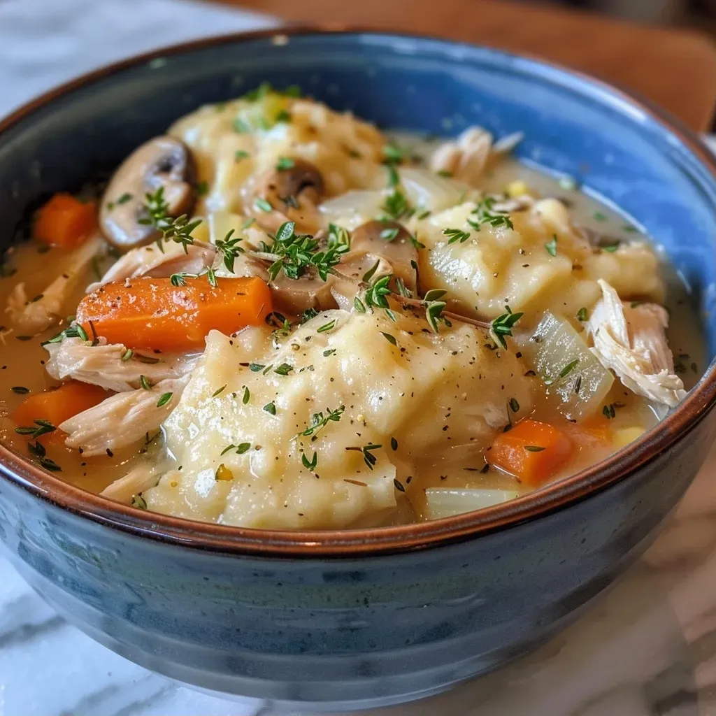 ['Close-up view of hearty chicken and dumplings in a bowl, showcasing tender chicken and fluffy dumplings.', 'Side view of a steaming bowl of chicken and dumplings, with visible vegetables and herbs.', 'Juicy chicken and dumplings dish, highlighting the texture of the dumplings and the broth.', 'Close-up image of a comforting chicken and dumplings meal, featuring chopped carrots and mushrooms.']