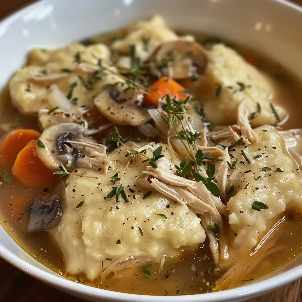 ['Close-up view of hearty chicken and dumplings in a bowl, showcasing tender chicken and fluffy dumplings.', 'Side view of a steaming bowl of chicken and dumplings, with visible vegetables and herbs.', 'Juicy chicken and dumplings dish, highlighting the texture of the dumplings and the broth.', 'Close-up image of a comforting chicken and dumplings meal, featuring chopped carrots and mushrooms.']
