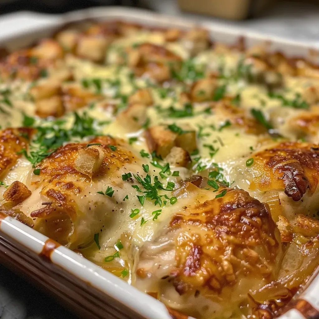 ['Close-up view of a juicy French Onion Chicken Bake with melted cheese.', 'Side view of a chicken bake topped with caramelized onions and gooey cheese.', 'Juicy French Onion Chicken Bake plated, showcasing its golden brown cheese and onions.', 'Succulent chicken bake with a rich onion and cheese topping, captured in detail.']