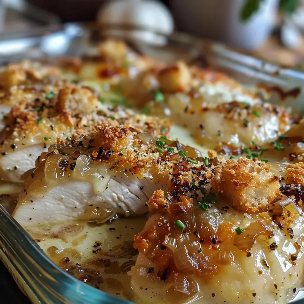 Close-up view of a cheesy French Onion Chicken Bake with crispy croutons.