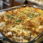 ['A close-up view of a French Onion Chicken Casserole, displaying layers of chicken, cheese, and crispy onions.', 'Juicy French Onion Chicken Casserole presented in a baking dish, garnished with golden fried onions.', 'Side view of a French Onion Chicken Casserole, showcasing melted cheese and creamy sauce.', 'Detailed close-up of a serving of French Onion Chicken Casserole with a creamy texture and crispy toppings.']