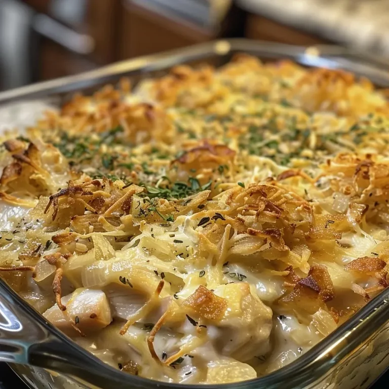 ['A close-up view of a French Onion Chicken Casserole, displaying layers of chicken, cheese, and crispy onions.', 'Juicy French Onion Chicken Casserole presented in a baking dish, garnished with golden fried onions.', 'Side view of a French Onion Chicken Casserole, showcasing melted cheese and creamy sauce.', 'Detailed close-up of a serving of French Onion Chicken Casserole with a creamy texture and crispy toppings.']