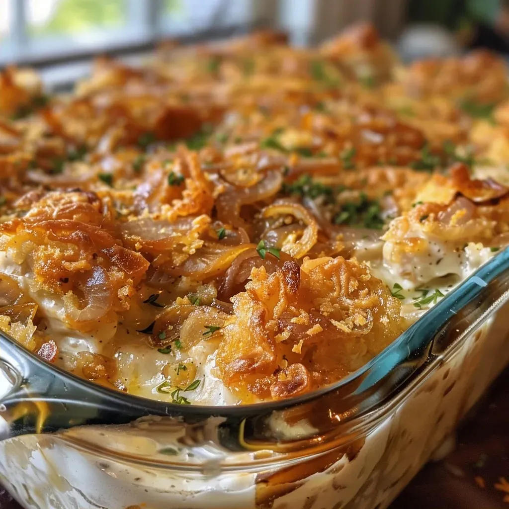 ['Close-up side view of a juicy French Onion Chicken topped with melted cheese and onions.', 'Juicy French Onion Chicken with a golden crust and garnished with fresh thyme slices.', 'A plate featuring French Onion Chicken, drizzled with olive oil and served with a side of baguette.', 'Side view of French Onion Chicken, showing layers of caramelized onions and cheese.']