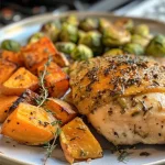 ['Close-up of a juicy chicken breast with garlic and thyme, alongside roasted Brussels sprouts and sweet potato.', 'Side view of Garlic Thyme Chicken Meal Prep featuring chicken, Brussels sprouts, and sweet potato in meal prep containers.', 'Deliciously plated Garlic and Thyme Chicken with vibrant Brussels sprouts and sweet potato, showcasing a healthy meal prep.', 'Meal prep containers filled with Garlic Thyme Chicken, Brussels sprouts, and sweet potato, emphasizing freshness and flavor.']