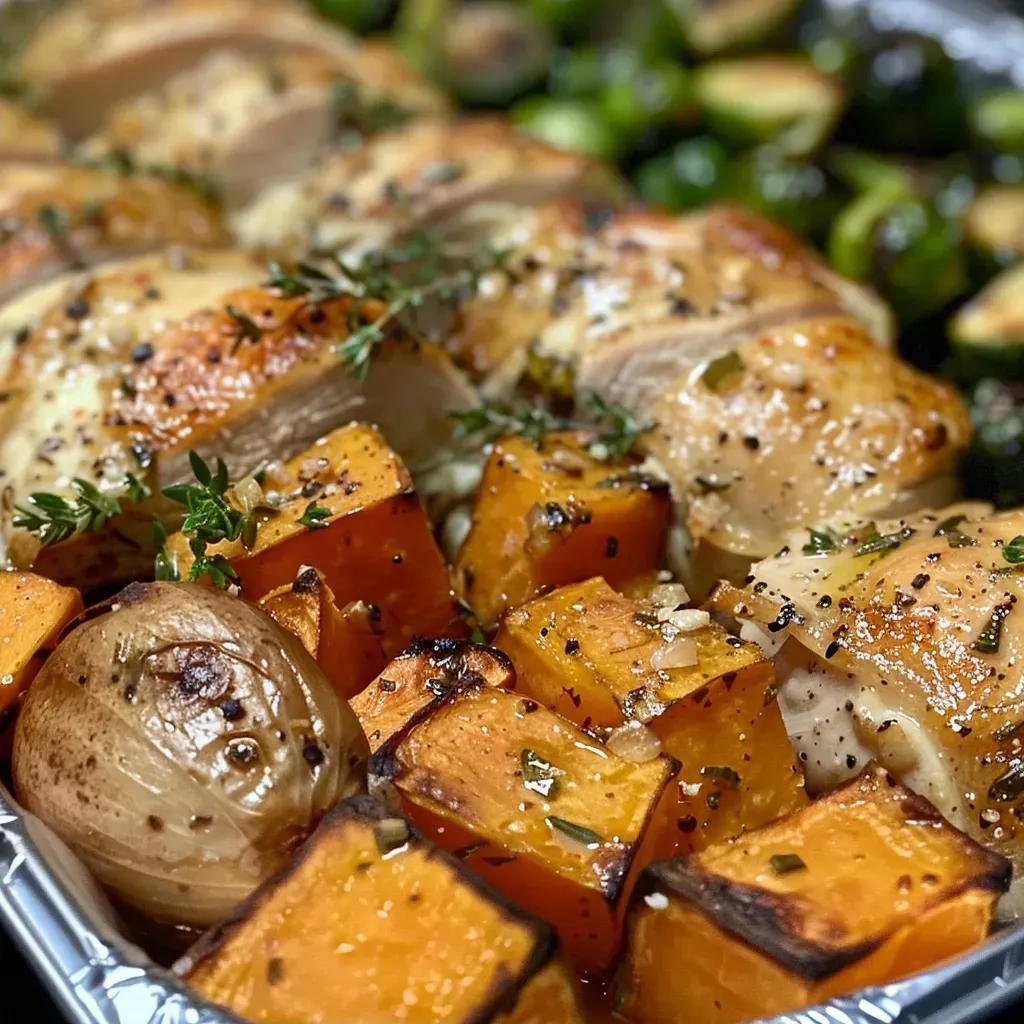 ['Close-up of a juicy chicken breast with garlic and thyme, alongside roasted Brussels sprouts and sweet potato.', 'Side view of Garlic Thyme Chicken Meal Prep featuring chicken, Brussels sprouts, and sweet potato in meal prep containers.', 'Deliciously plated Garlic and Thyme Chicken with vibrant Brussels sprouts and sweet potato, showcasing a healthy meal prep.', 'Meal prep containers filled with Garlic Thyme Chicken, Brussels sprouts, and sweet potato, emphasizing freshness and flavor.']