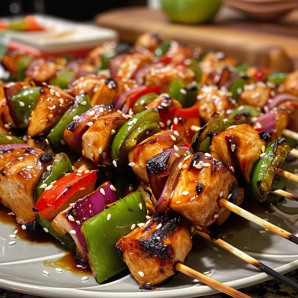 ['Close-up view of juicy grilled teriyaki chicken skewers with colorful bell peppers and onions.', 'Side view of grilled chicken skewers glazed with teriyaki sauce, featuring green bell pepper and red onion.', 'Juicy teriyaki chicken skewers arranged on a plate, highlighting their grilled texture and vibrant vegetables.', 'Colorful chicken skewers marinated in teriyaki sauce, showcasing pieces of chicken, green pepper, and red onion.']