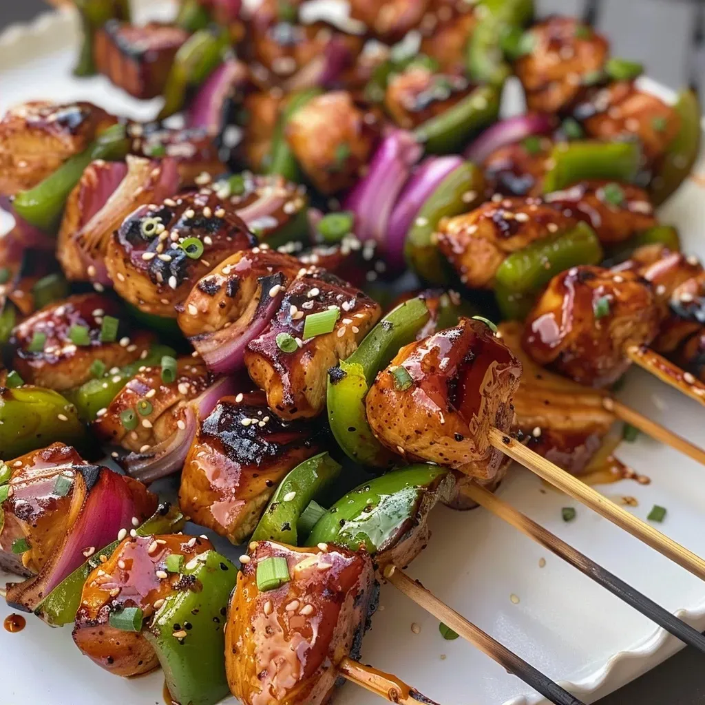 Close-up view of juicy grilled teriyaki chicken skewers with colorful bell peppers and onions.