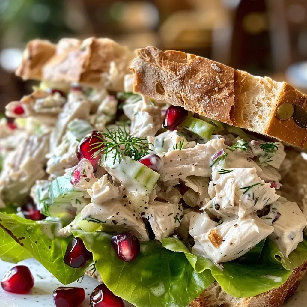 ['A close-up side view of a Harvest Chicken Salad Sandwich on a plate, showcasing its ingredients.', 'A delicious Harvest Chicken Salad Sandwich with visible chunks of chicken and pomegranate seeds, taken from the side.', 'A Harvest Chicken Salad Sandwich displayed from the side, highlighting its layers of ingredients and fresh herbs.', 'A vibrant close-up of a Harvest Chicken Salad Sandwich, emphasizing its colorful fillings and toasted bread.']