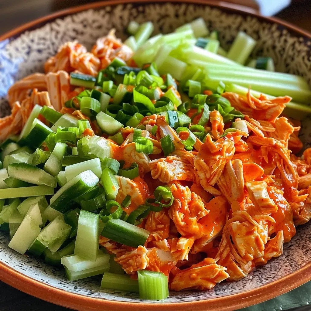 ['A vibrant bowl of Healthy Buffalo Chicken Salad with shredded chicken, scallions, celery, and a creamy dressing.', 'Close-up view of a Healthy Buffalo Chicken Salad featuring diced vegetables and a rich buffalo sauce.', 'Side view of a colorful Healthy Buffalo Chicken Salad showcasing shredded chicken and fresh greens.', 'A delicious serving of Healthy Buffalo Chicken Salad, highlighting the bright ingredients and creamy dressing.']