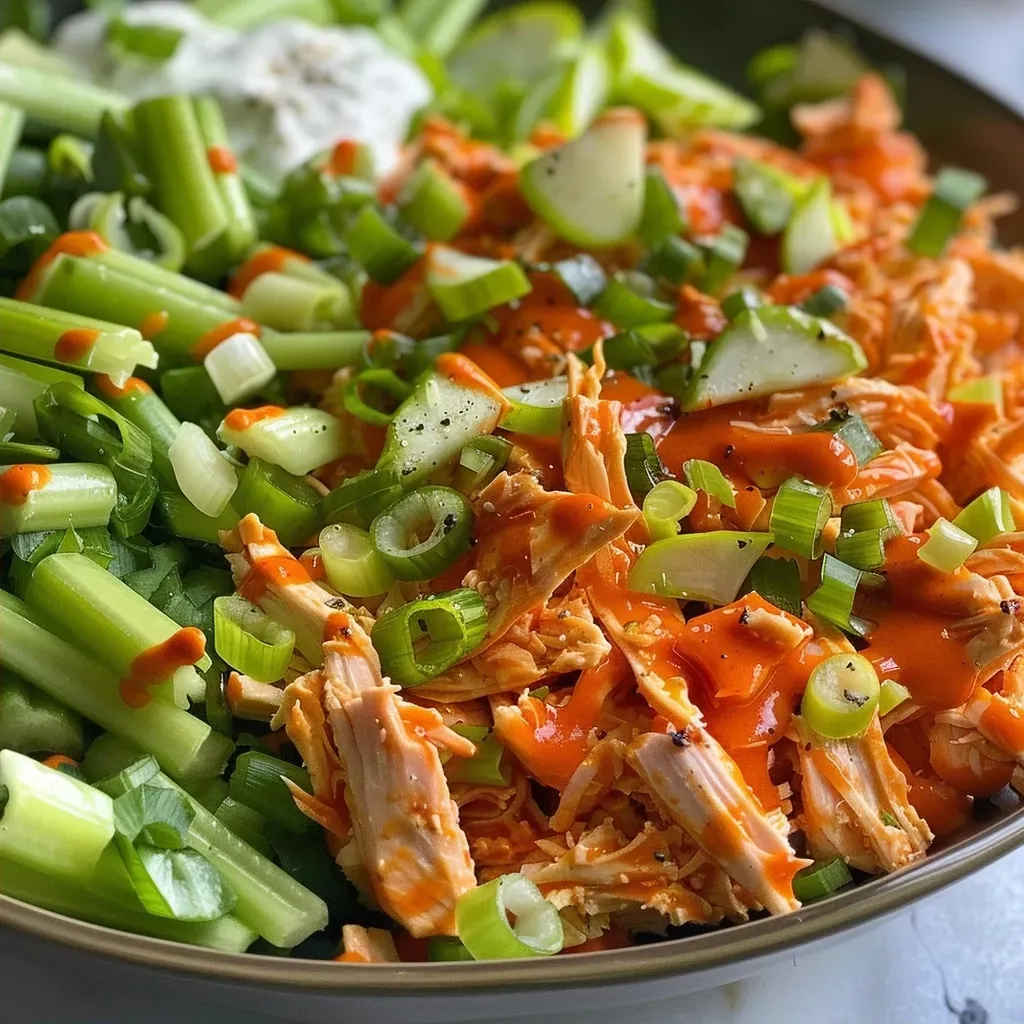 A vibrant bowl of Healthy Buffalo Chicken Salad with shredded chicken, scallions, celery, and a creamy dressing.