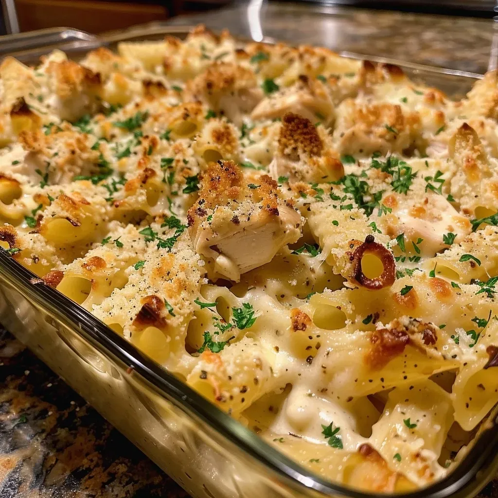 ['Close-up side view of a Healthy Chicken Alfredo Bake with golden cheese and pasta.', 'Delicious serving of Healthy Chicken Alfredo Bake with gooey cheese and chicken pieces.', 'Savory Healthy Chicken Alfredo Bake displaying pasta and melted cheese.', 'Tasty Healthy Chicken Alfredo Bake, showcasing creamy sauce and garnished with parsley.']