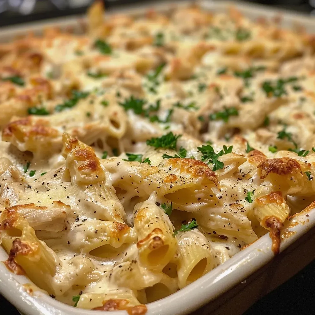 Close-up side view of a Healthy Chicken Alfredo Bake with golden cheese and pasta.