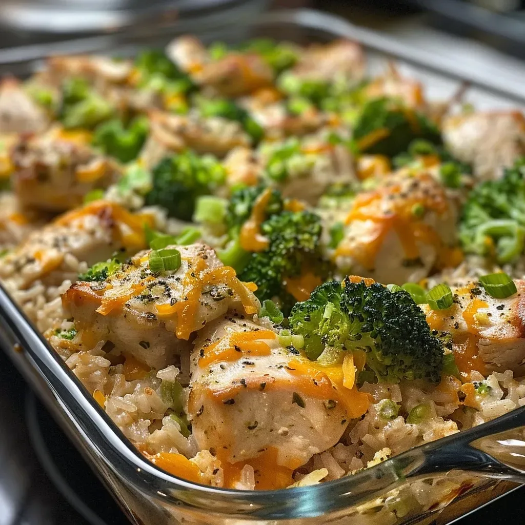 ['Close-up view of a slice of Healthy Chicken and Rice Casserole with broccoli and cheese.', 'Juicy Healthy Chicken and Rice Casserole presented on a plate, highlighting chicken, rice, and green broccoli.', 'Side view of a colorful Healthy Chicken and Rice Casserole, showcasing the layers of chicken, rice, and vegetables.', 'Detailed close-up of delicious Healthy Chicken and Rice Casserole, featuring melted cheese and fresh broccoli.']