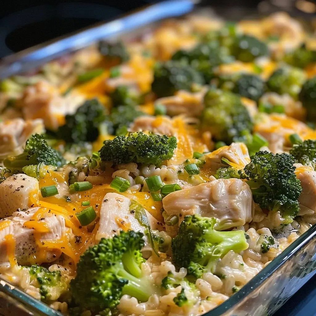 Close-up view of a slice of Healthy Chicken and Rice Casserole with broccoli and cheese.