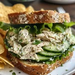 ['A close-up view of a Herbed Chicken Salad Sandwich on sourdough bread, garnished with fresh herbs.', 'Juicy shredded chicken salad on sliced sourdough bread, featuring cucumber and lettuce.', 'Side view of a Herbed Chicken Salad Sandwich, showing layers of chicken, herbs, and vegetables.', 'Detailed shot of a sandwich filled with herbed chicken salad and garnished with lettuce.']