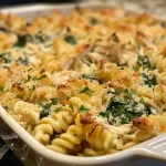 ['A close-up view of a creamy chicken Alfredo bake topped with melted cheese and fresh parsley.', 'Side view of a high-protein chicken Alfredo bake with pasta, chicken, and greens visible.', 'Juicy chicken Alfredo pasta bake displayed in a dish, showcasing layers of cheese and spinach.', 'Deliciously baked chicken Alfredo with a golden cheese crust and succulent chicken pieces.']