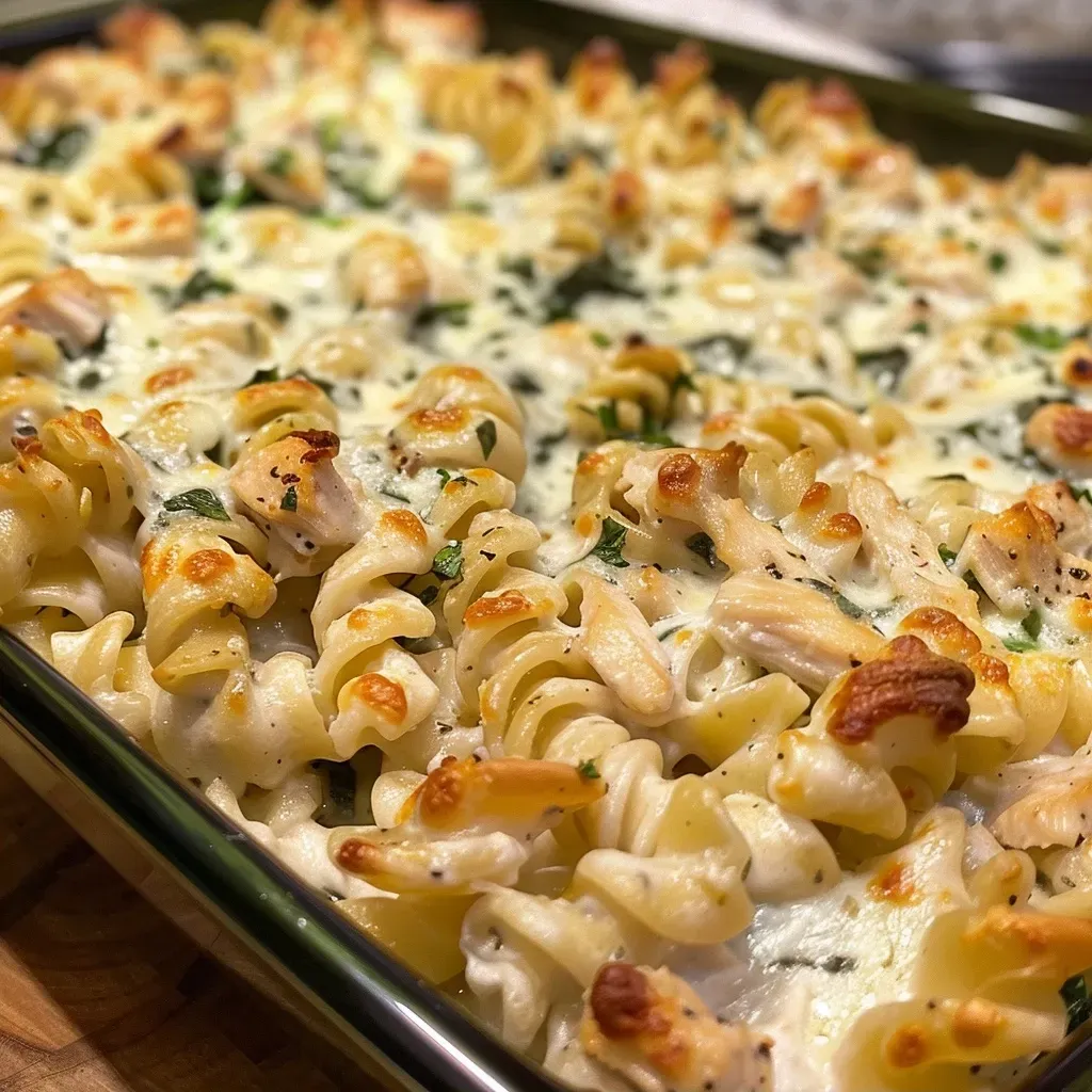 ['A close-up view of a creamy chicken Alfredo bake topped with melted cheese and fresh parsley.', 'Side view of a high-protein chicken Alfredo bake with pasta, chicken, and greens visible.', 'Juicy chicken Alfredo pasta bake displayed in a dish, showcasing layers of cheese and spinach.', 'Deliciously baked chicken Alfredo with a golden cheese crust and succulent chicken pieces.']