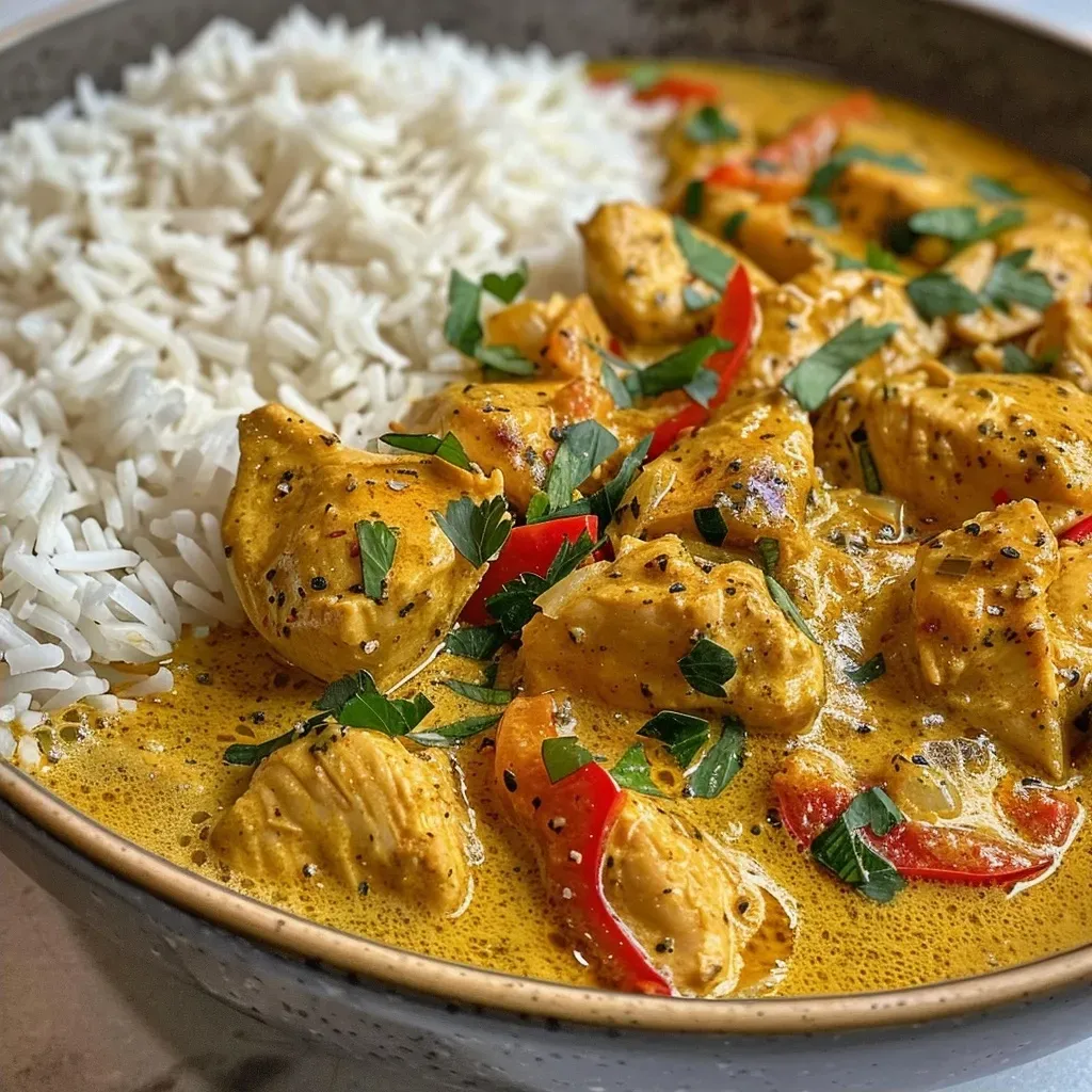 ['Close-up shot of a bowl of High Protein Chicken Curry with vibrant colors.', 'Side view of juicy Chicken Curry served with rice, showcasing a variety of ingredients.', 'Appetizing High Protein Chicken Curry in a bowl, highlighting the textures of the dish.', 'Close-up of a delicious Chicken Curry, featuring diced chicken, creamy sauce, and colorful peppers.']
