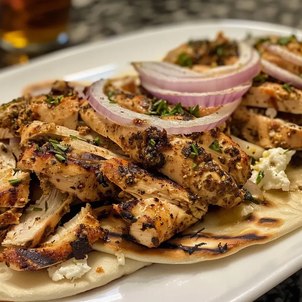['Close-up side view of juicy chicken gyros served with fresh toppings.', 'Detailed shot of high protein chicken gyros with a colorful garnish.', 'Side view of a succulent chicken gyro showcasing its ingredients.', 'Close-up image of a delicious chicken gyro with a creamy sauce.']