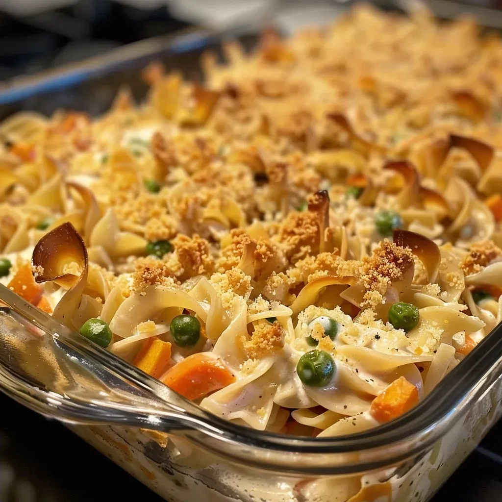 ['Close-up of a creamy chicken noodle casserole with a golden topping.', 'Side view of a juicy chicken noodle casserole, showcasing its creamy texture.', 'High protein chicken noodle casserole presented in a baking dish, with peas and carrots visible.', 'Deliciously layered chicken noodle casserole, featuring melted cheese and crispy onions.']