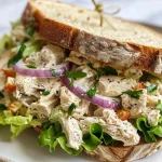['A close-up side view of a high protein chicken salad sandwich on toasted bread.', 'Juicy chicken salad sandwich featuring diced chicken, celery, and red onion on toasted bread.', 'A delicious high protein chicken salad sandwich with fresh ingredients and optional lettuce and tomato.', 'Side view of a chicken salad sandwich made with Greek yogurt and light mayo, served on toasted bread.']
