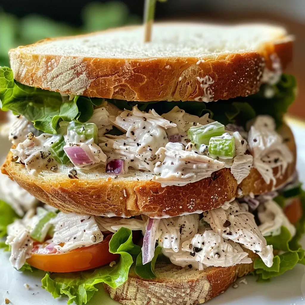 A close-up side view of a high protein chicken salad sandwich on toasted bread.