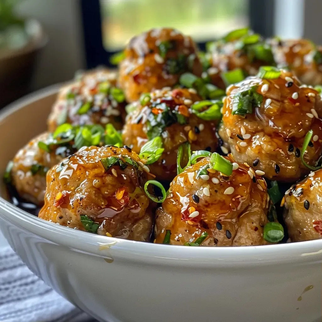 ['Close-up shot of juicy honey garlic chicken meatballs garnished with green onions and a glossy sauce.', 'Side view of succulent chicken meatballs coated in a rich honey garlic glaze, served on a white plate.', 'Detailed view of honey garlic chicken meatballs, showcasing their tender texture and vibrant color.', 'Appetizing close-up of chicken meatballs drizzled with honey garlic sauce, with fresh herbs sprinkled on top.']