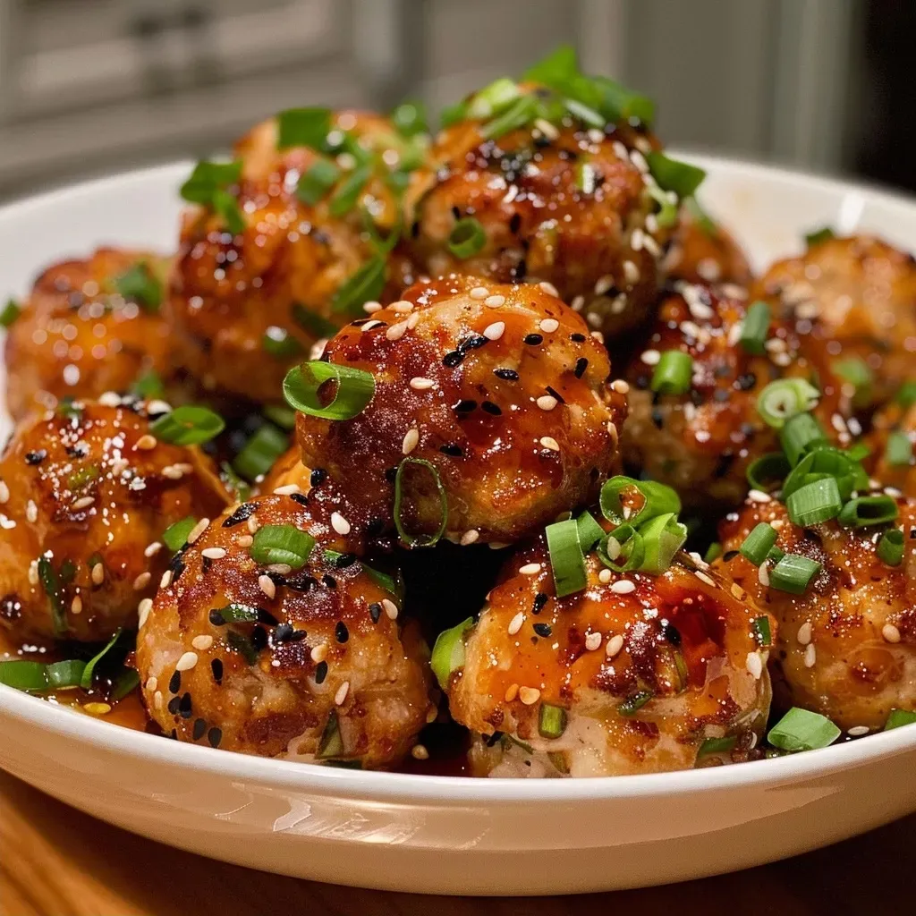 Close-up shot of juicy honey garlic chicken meatballs garnished with green onions and a glossy sauce.