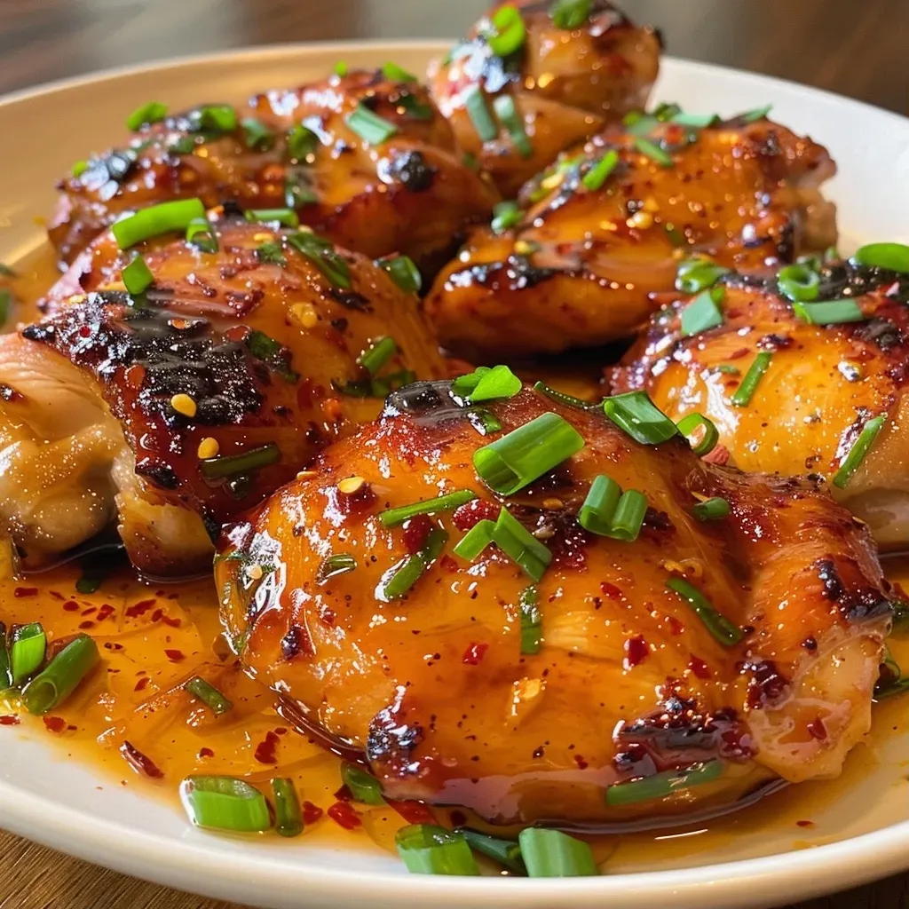 ['Close-up view of Honey Sriracha Chicken, showcasing glistening sauce and garnishes.', 'Juicy pieces of Honey Sriracha Chicken with sesame seeds and green onions on top.', 'Side view of Honey Sriracha Chicken, highlighting the colorful glaze and tender meat.', 'Detailed image of cooked Honey Sriracha Chicken, featuring a rich, sticky sauce and fresh herbs.']